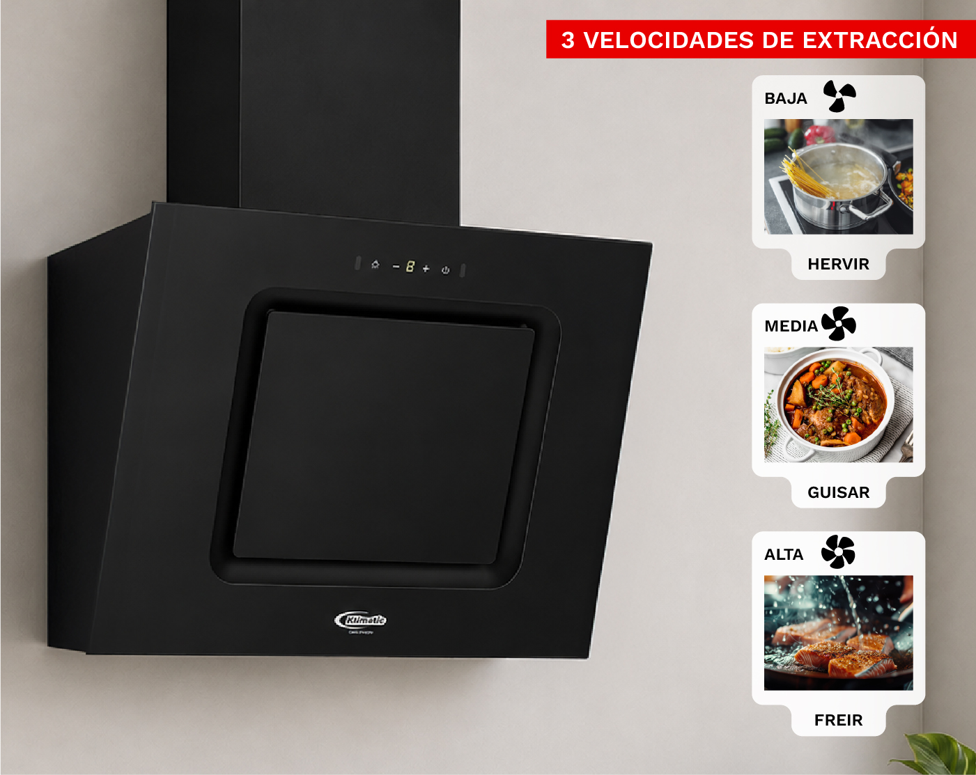 Tres velocidades de extracción de la Campana Klimatic Kamba 60 cm